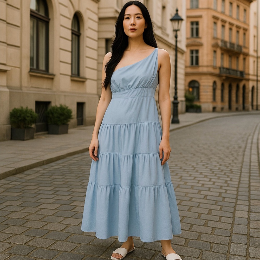 The Vintage Shop Tiered Cold‎ Shoulder Maxi Dress Light Blue Cottagecore Prairie